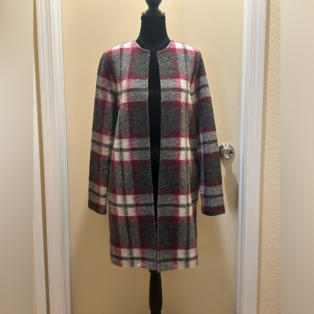 Max Studio Open Front Wool Blend Oversized Duster Coat Small Gray Burgundy NWOT
